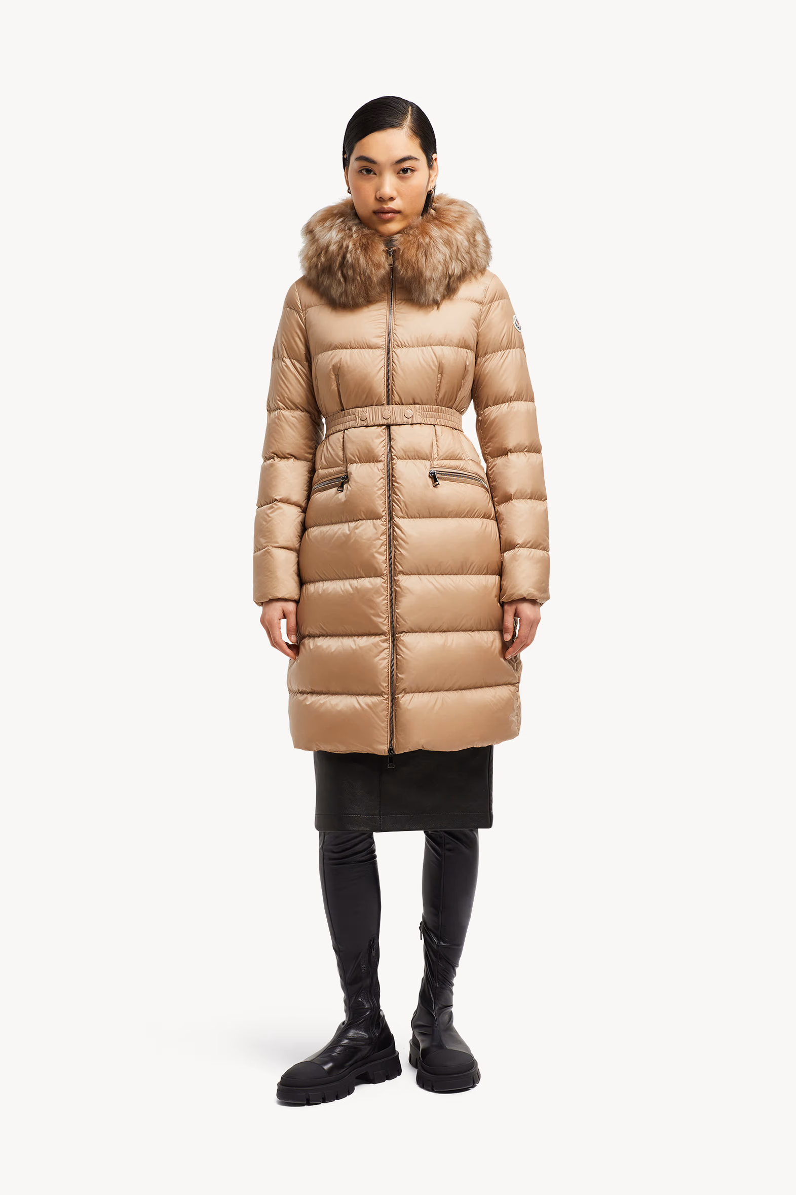 Boedic Hooded Shearling-Trimmed Long Down Jacket Women Camel Beige Moncler 3